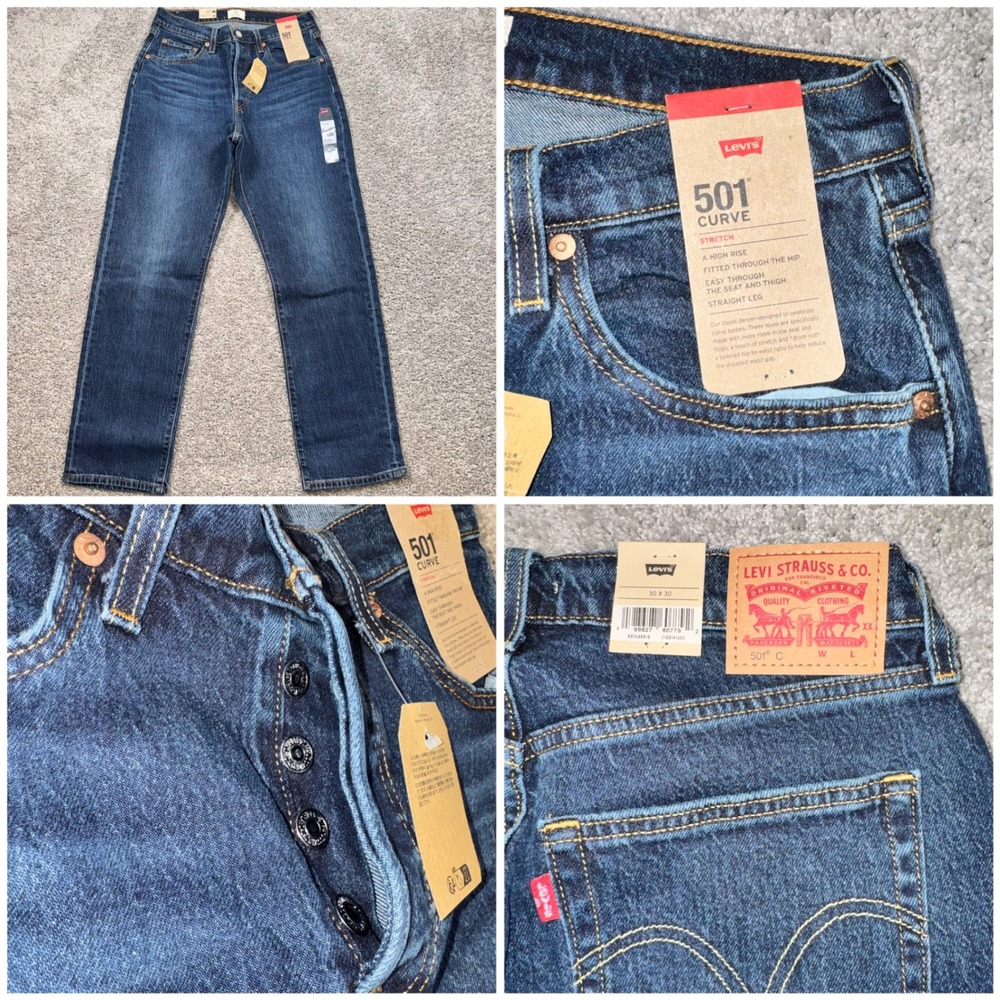 Levi 501 Curve Jeans Womens High Rise Straight Stretch Dark Wash 30x30 NEW